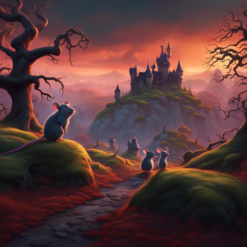 Eerie Valley with Anthropomorphic Mice: 3D Digital Art