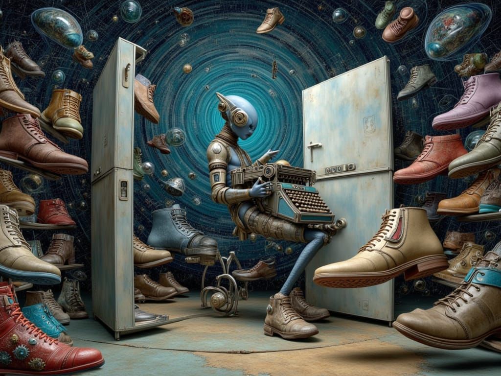 Alien Riding Typewriter in Galactic Shoe Shop