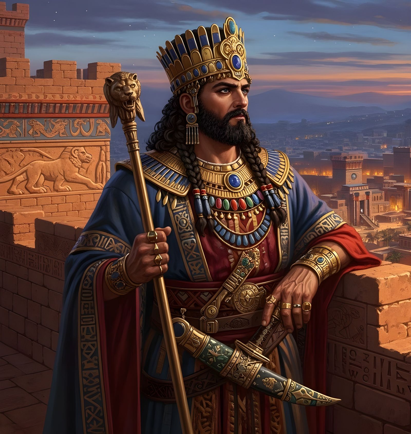 Babylonian King on City Walls in Academic Art Style