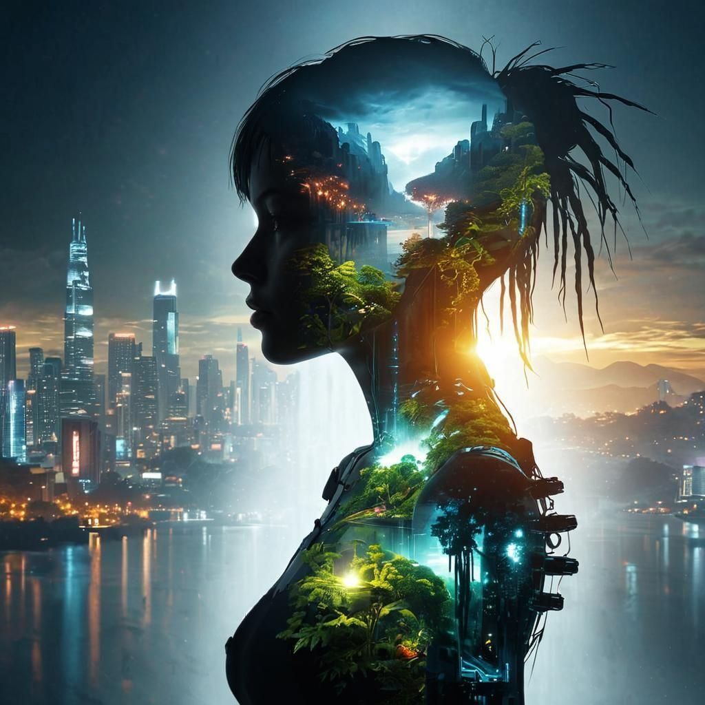 Cyberpunk Lion Double Exposure: Nature Meets City