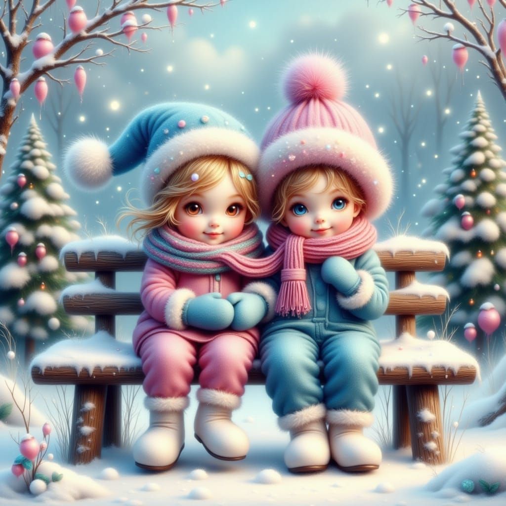 Toddlers in Snow Suits on Old Bench