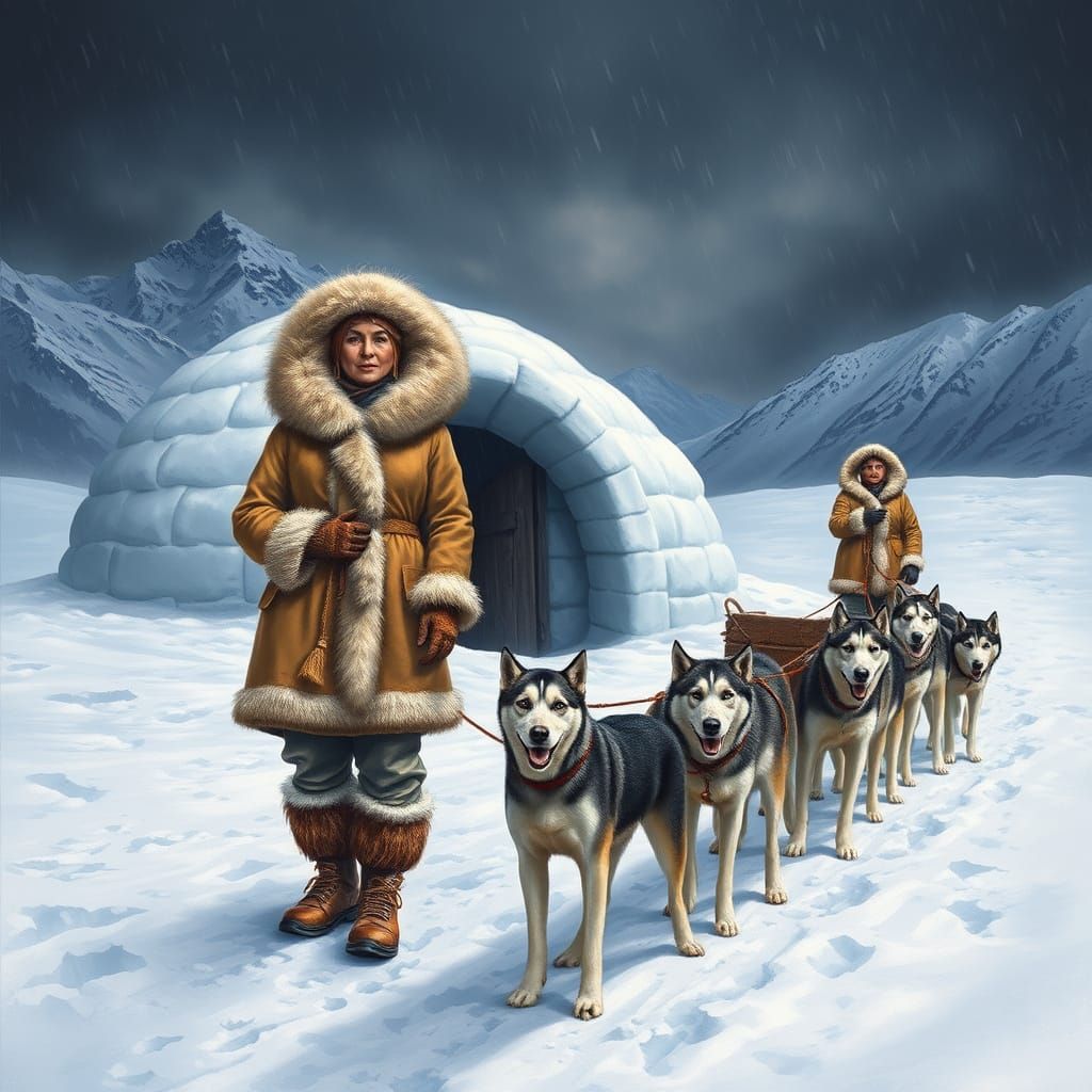 Inuit Woman Amidst Arctic Landscape, Painterly Style