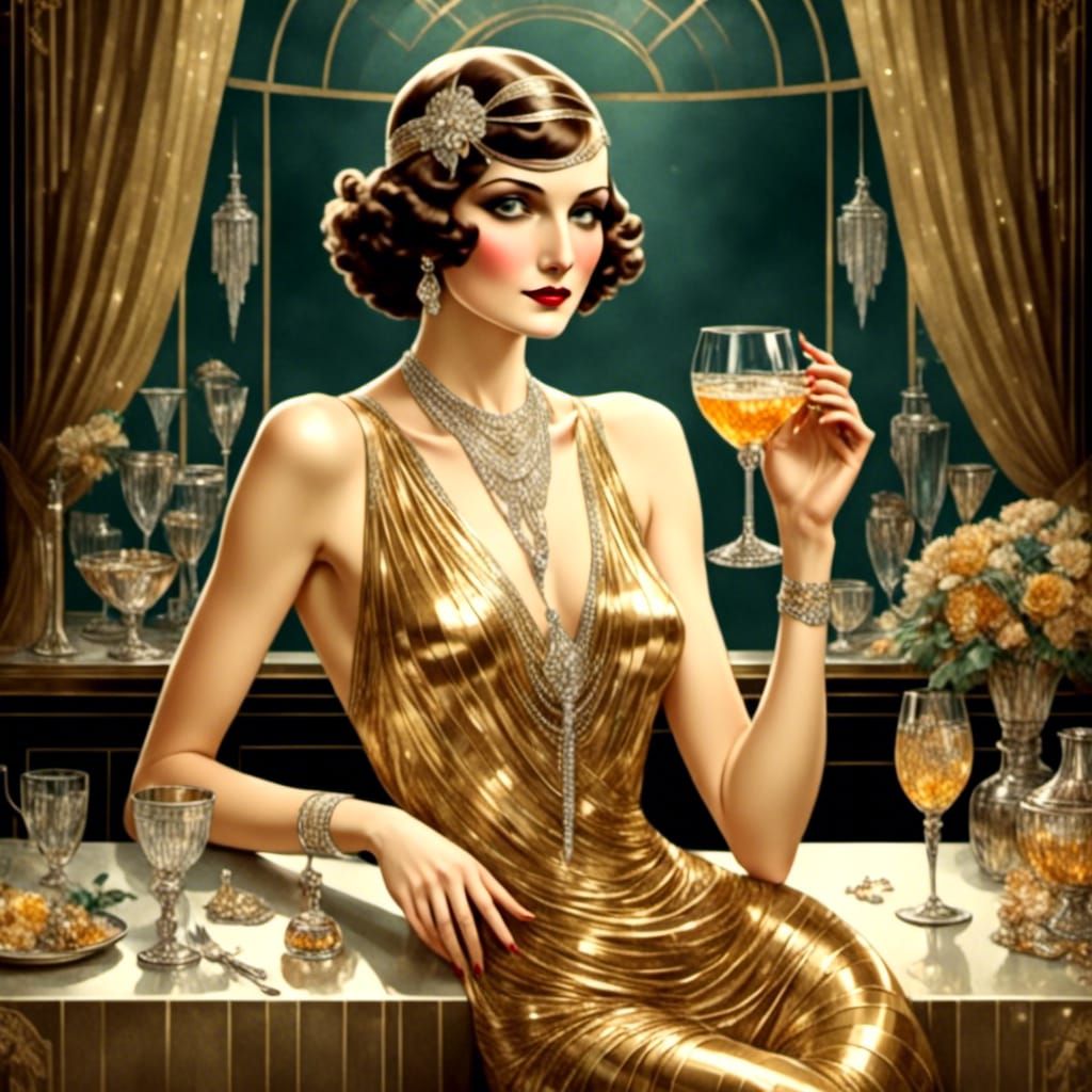 Glamorous Woman in Gold Gown: Art Deco Style