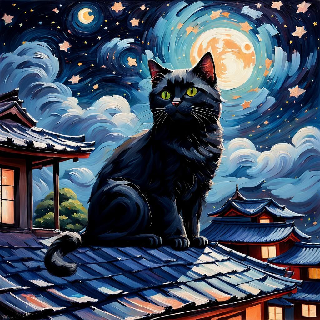 Impressionist Black Cat in Dreamy Japanese Night Scene
