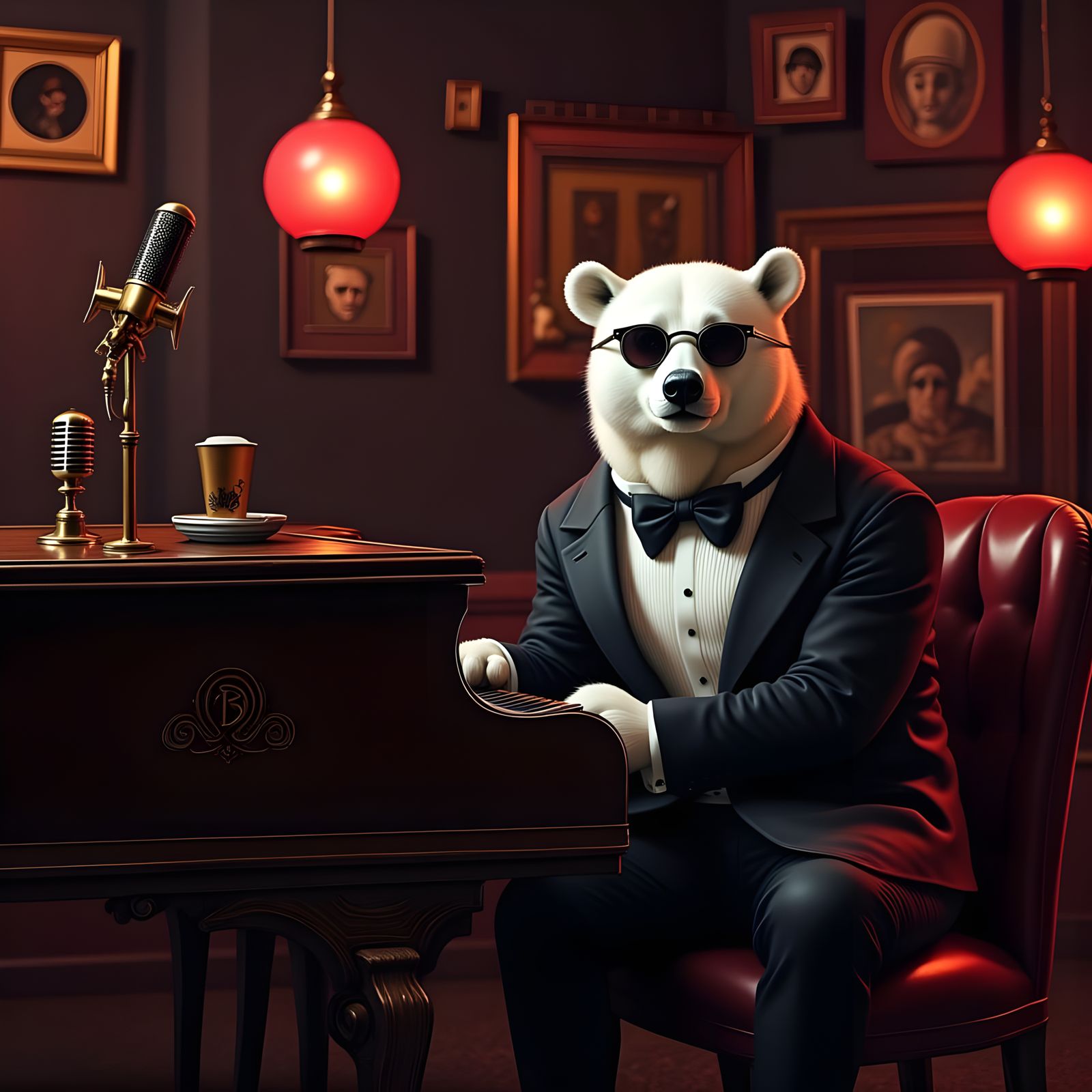 Surreal Polar Bear Plays Blues on Baby Grand Piano in Smoky ...