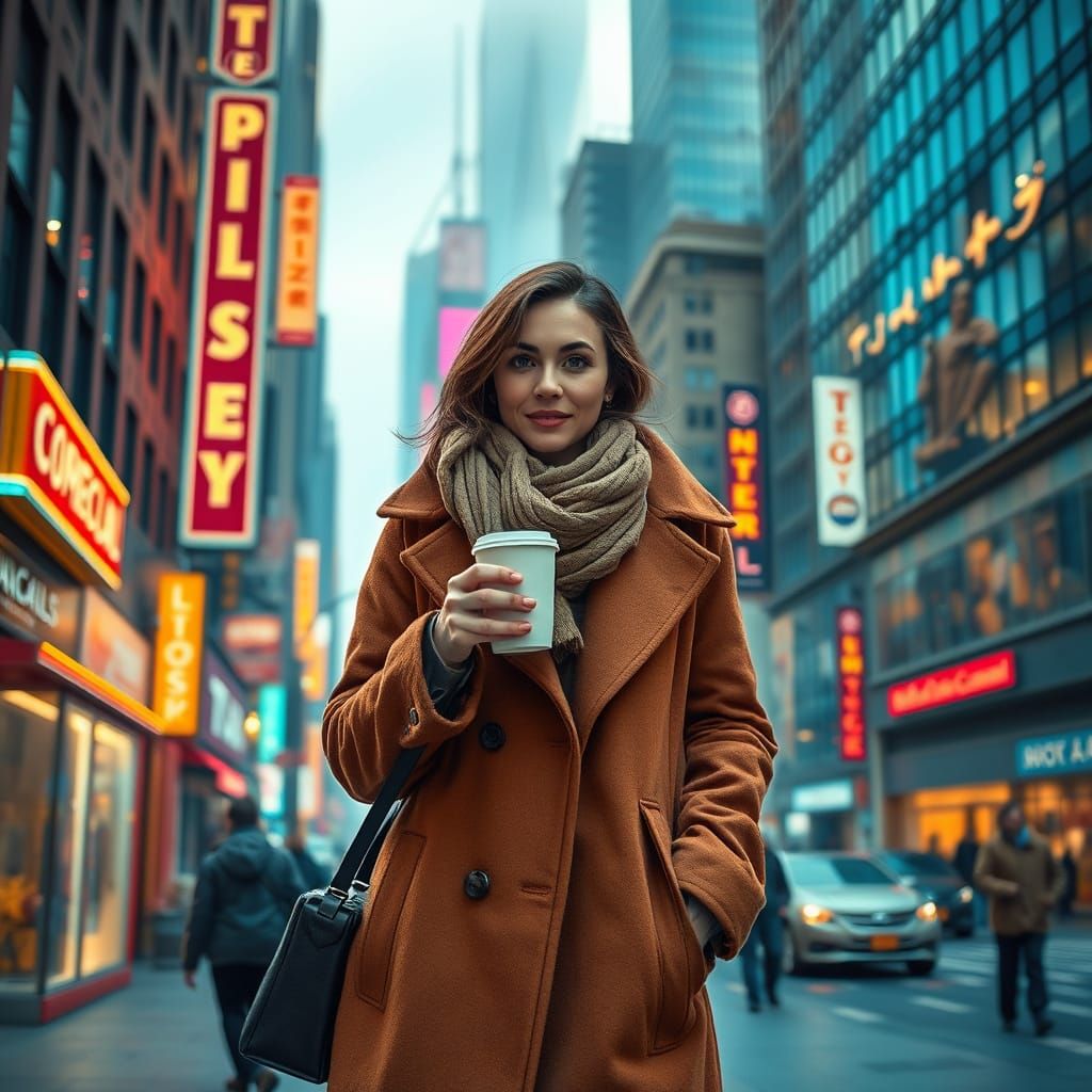 Woman Surrounded by Futuristic Cityscape
