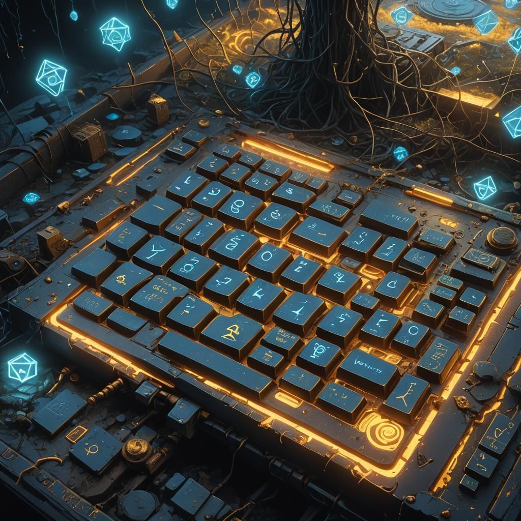 Magical Keyboard with Glowing Runes: Digital Matte Painting