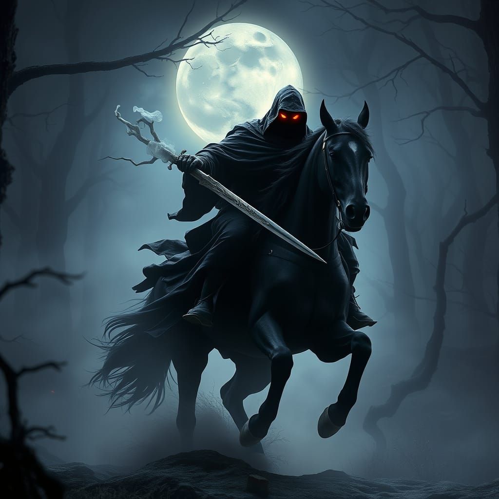 Dark Rider Rides Through a Foggy Forest Under a Full Moon