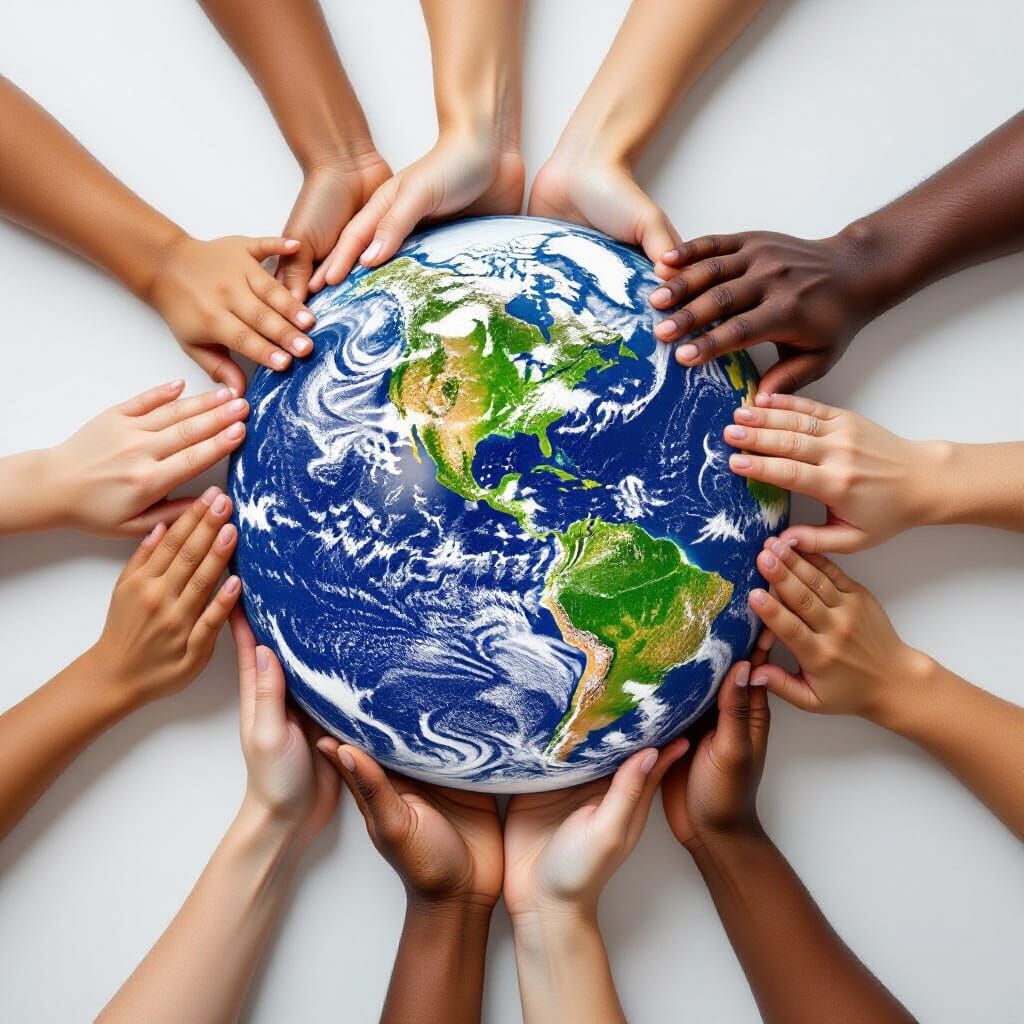 Diverse Hands Embrace Earth in Hopeful Photorealistic Scene