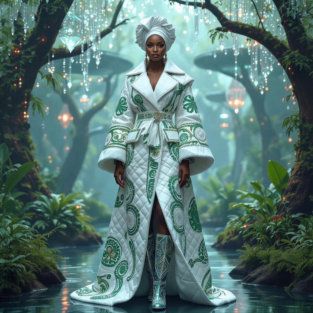 Futuristic Igbo Woman in Emerald and White Uli Patterns