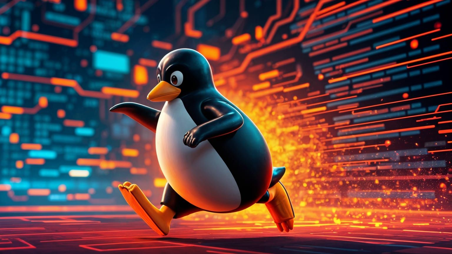 Linux Tux in Motion with Computer, Digital Art