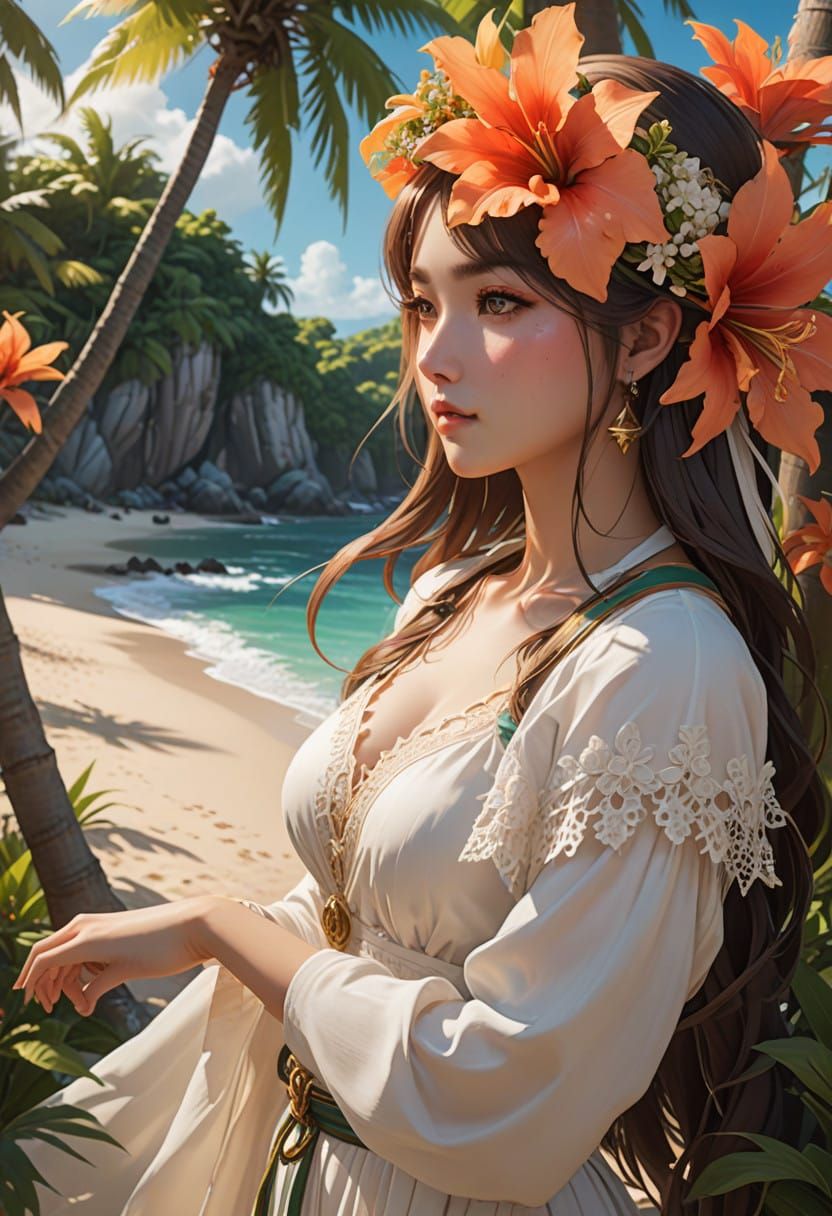 Woman in Flowing Sundress on Maldivian Beach at Sunset