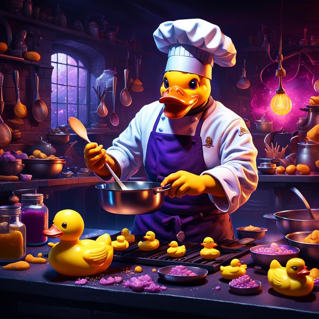 Chef Cooks Rubber Duck: Dark Fantasy Illustration