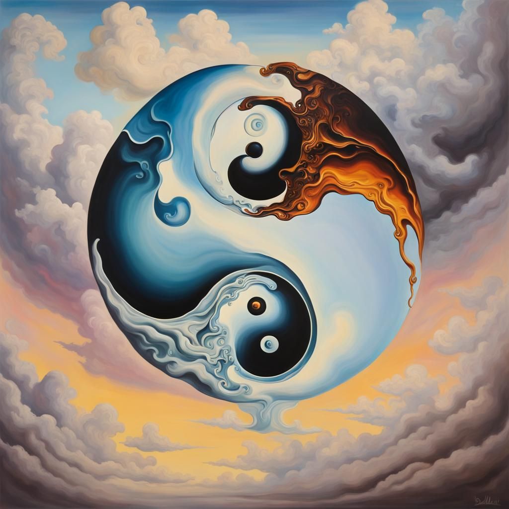 Melting Yin Yang in Clouds: Surreal Oil Painting