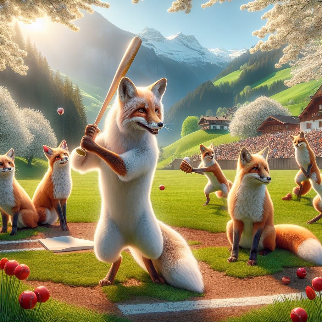 Foxes Play Baseball in Idyllic Swiss Landscape