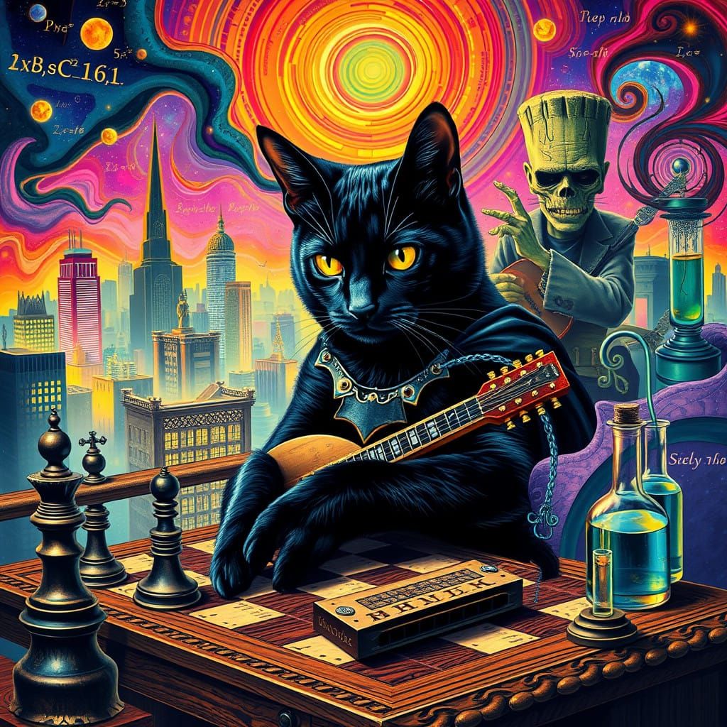 Majestic Black Cat in Surreal Psychedelic Dreamscape