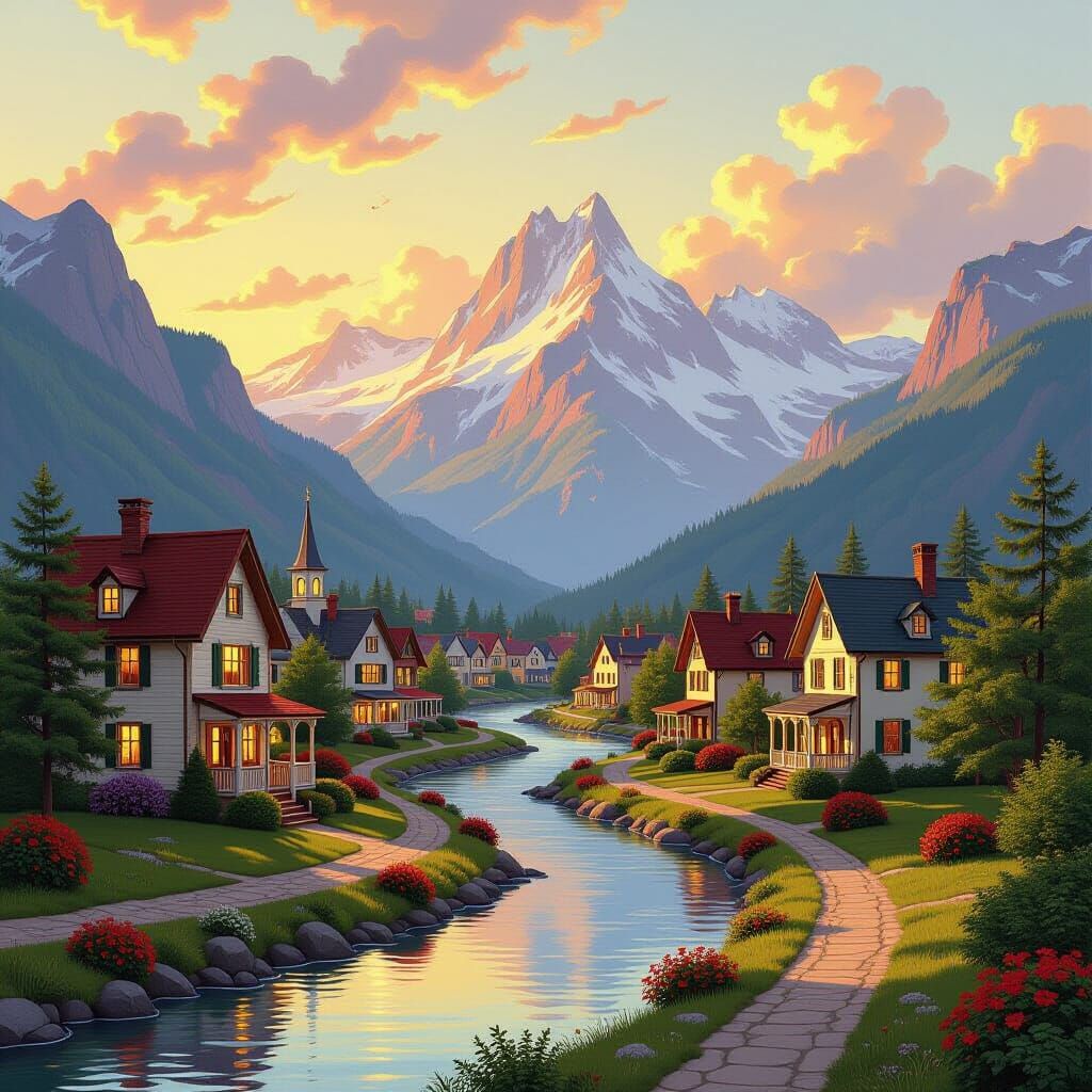 Victorian Village in Valley at Sunset as Landscape Painting
