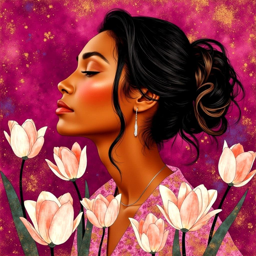 Meditative Woman with Tulips in Art Nouveau Style