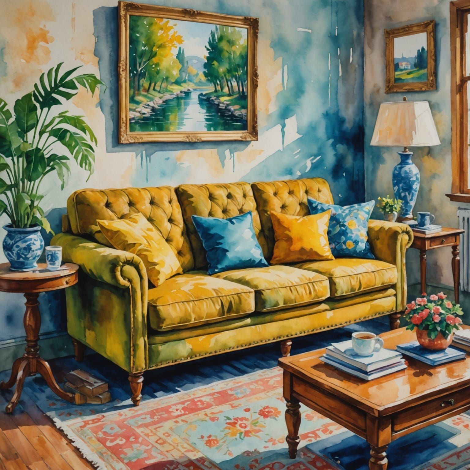 Gouache Painting of a Relaxing Sofa in an Impressionist Styl...