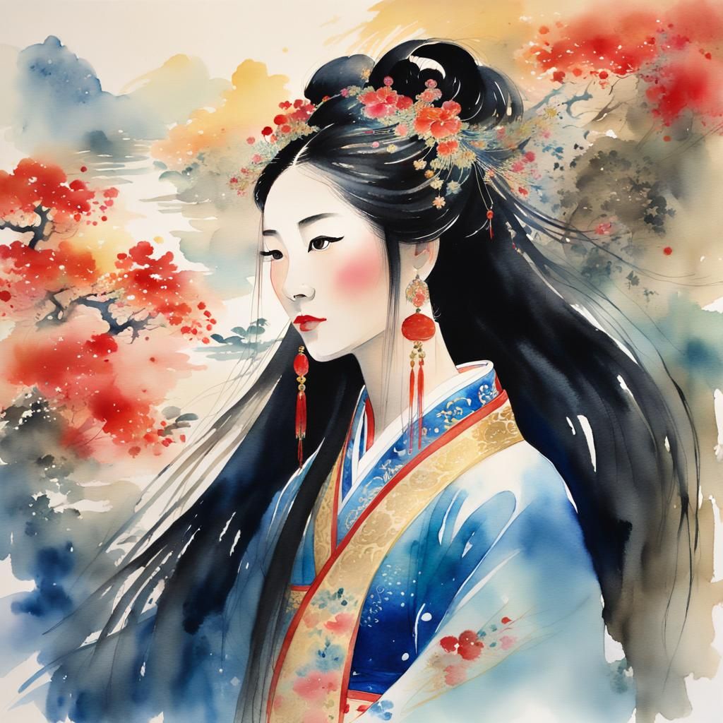Stunning Chinese Queen in Watercolor Garden