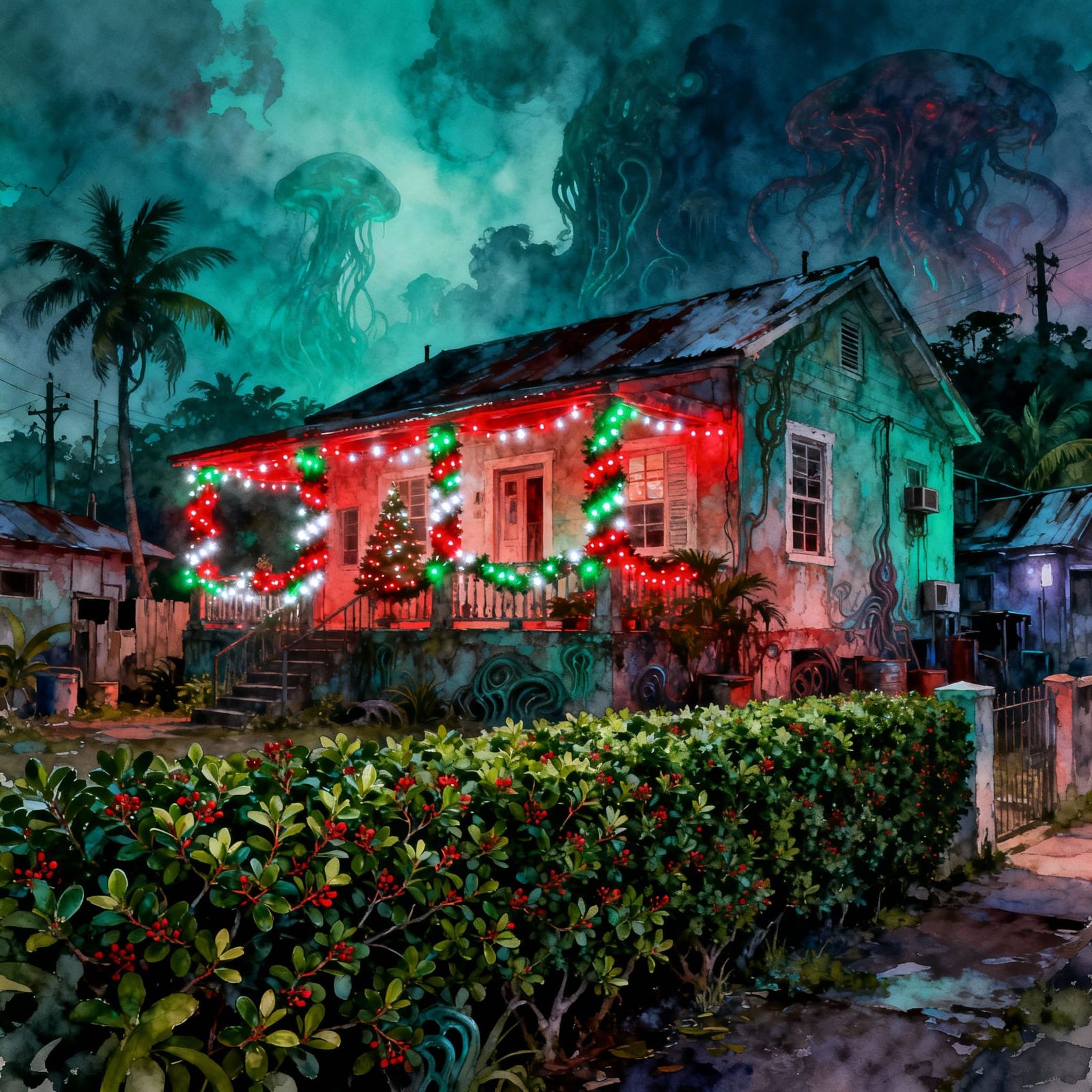 Caribbean Christmas Night in Watercolor Style