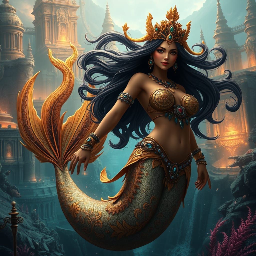 Indian Mermaid in Underwater Cityscape, Digital Art