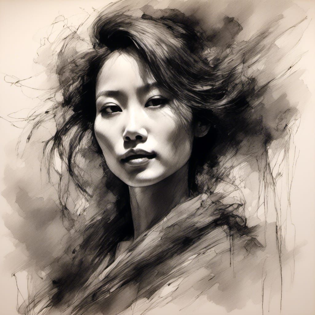 Expressionist Charcoal Sketch of a Japanese Woman