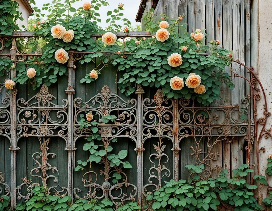 Rusty Ornate Fence With Climbing Rose