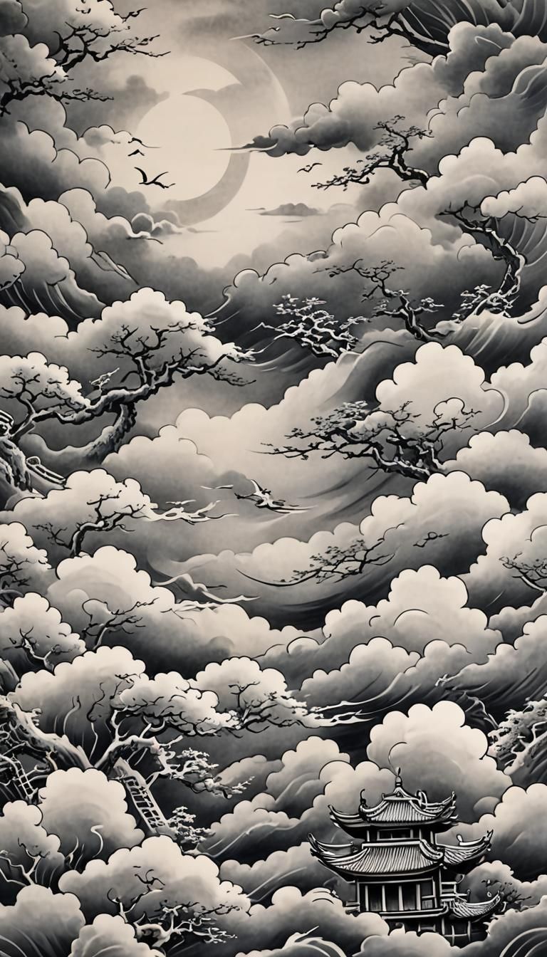 Asian Tattoo Background with Clouds in Grey Wash