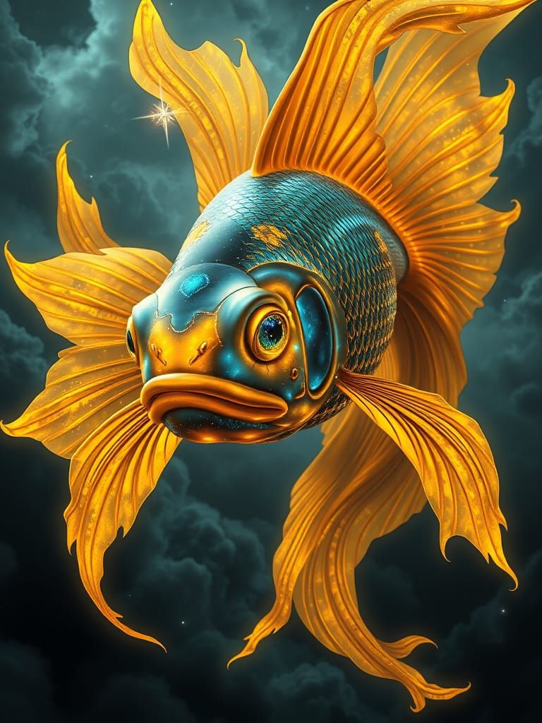Serpentine Goldfish Drifting Through Misty Black Clouds