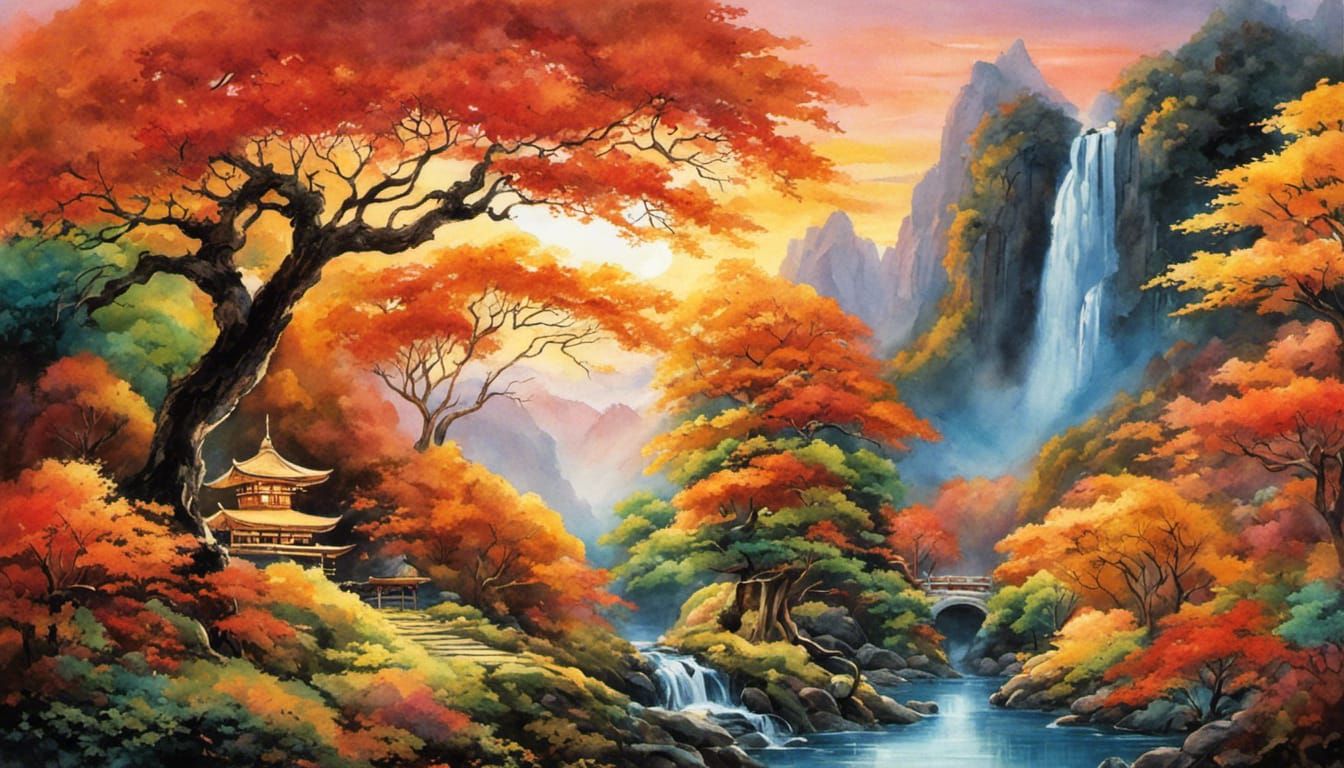 Autumn Sunset Over Bonsai Valley in Watercolor Style