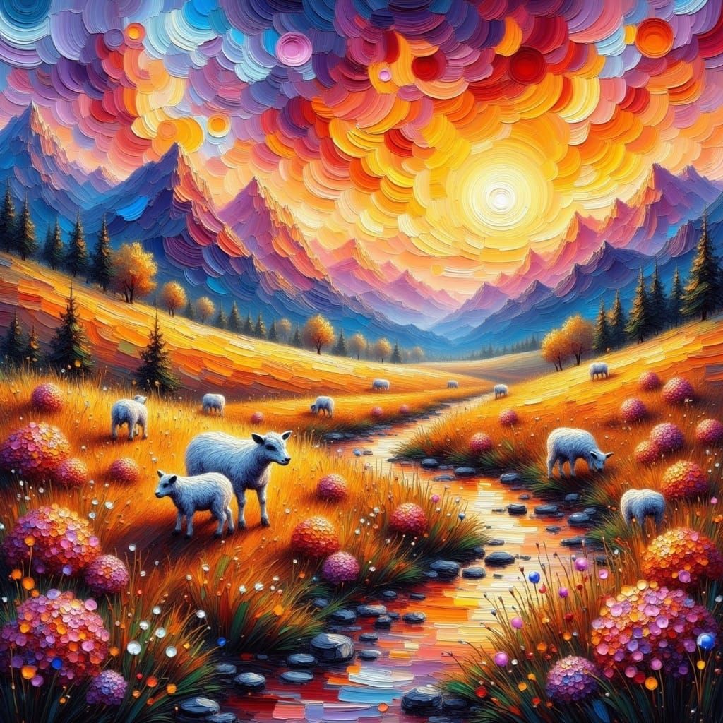 Impasto Lambs in a Sunset Fantasy Landscape