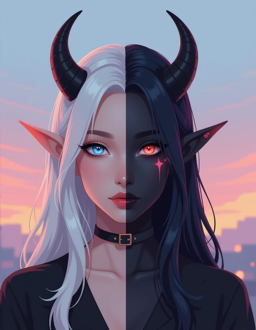 Demongirl Portrait with Split Colors and Eclipse
