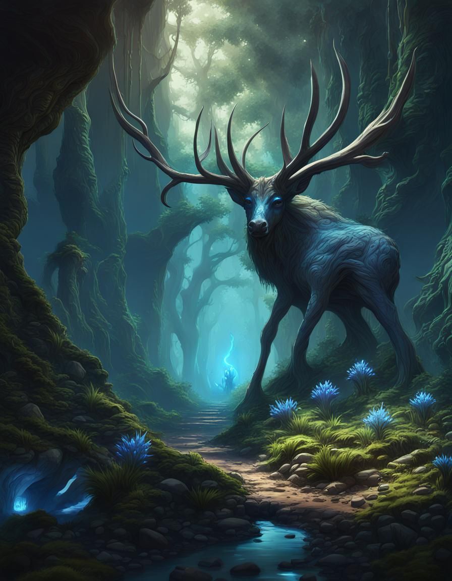 Alien Forest with Blue Elk: Fantasy Concept Art