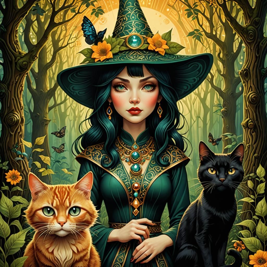 Pretty forest witch with her cats