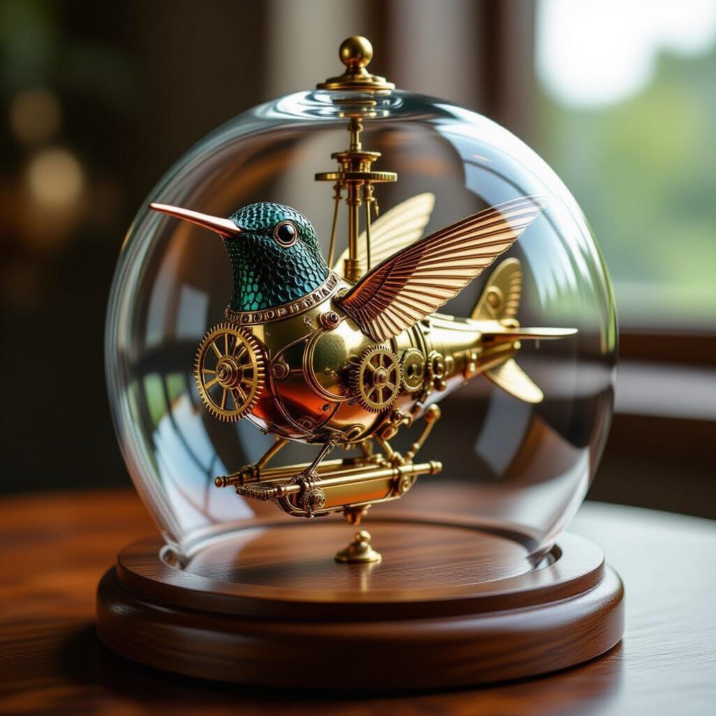 Steampunk Hummingbird Airship in Glass Dome
