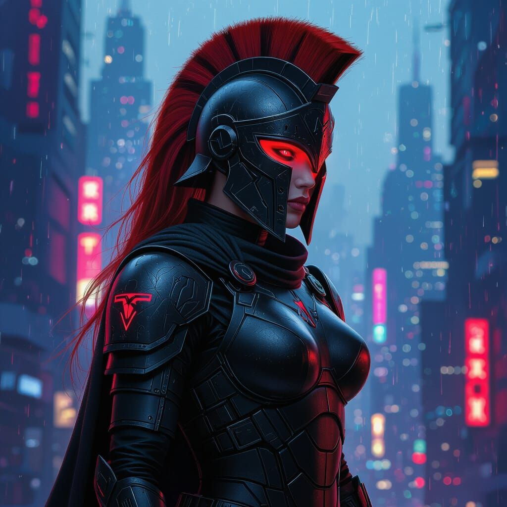 Red Haired Warrior in Neon City, Futuristic Concept Art