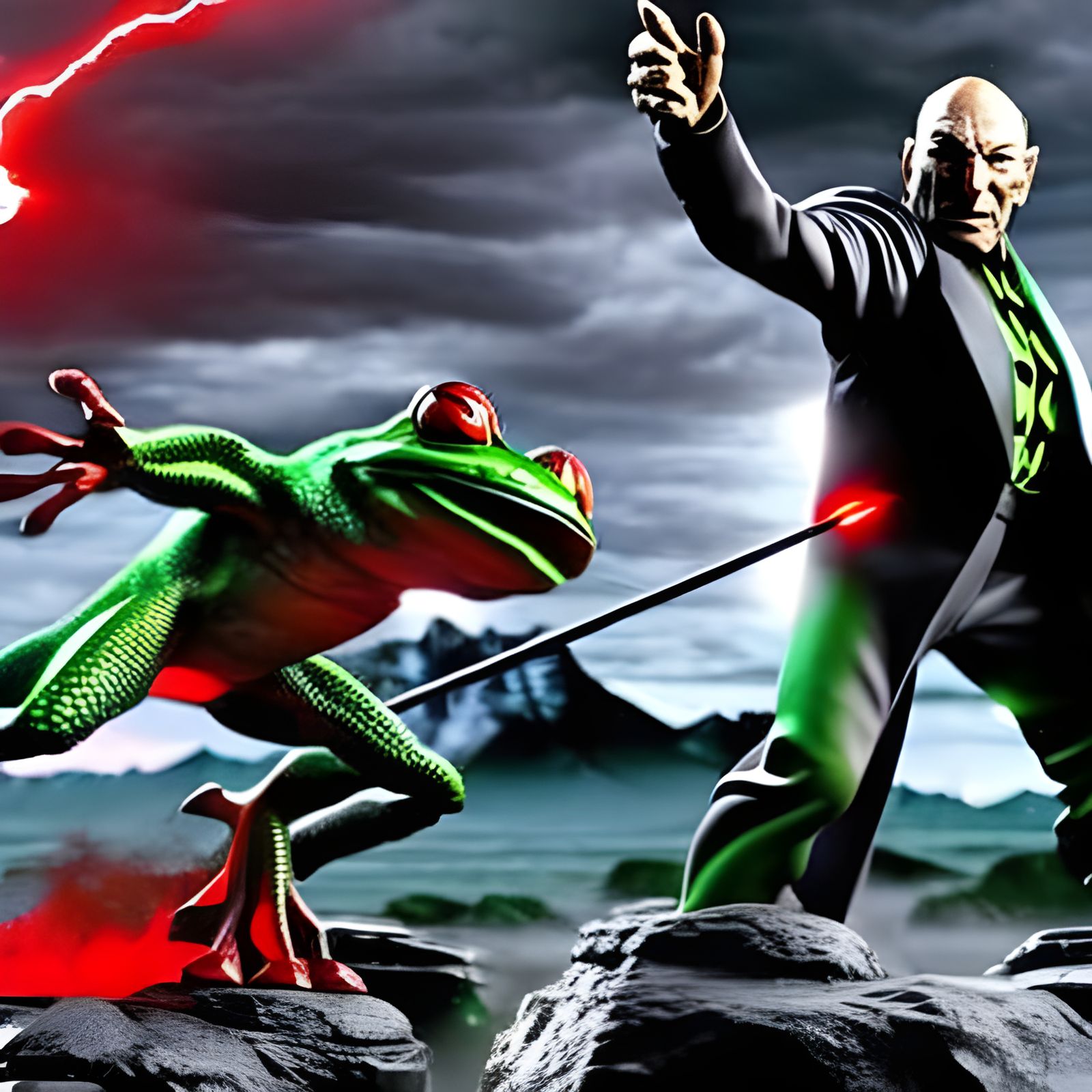 Captain Jean-Luc Picard screaming and leading the fight against evil frogs. lots of extremely intense red and green ligh...