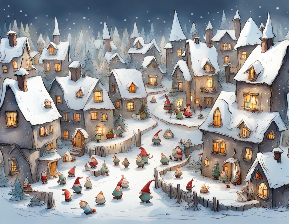 Gnome Winter Village in Whimsical Style