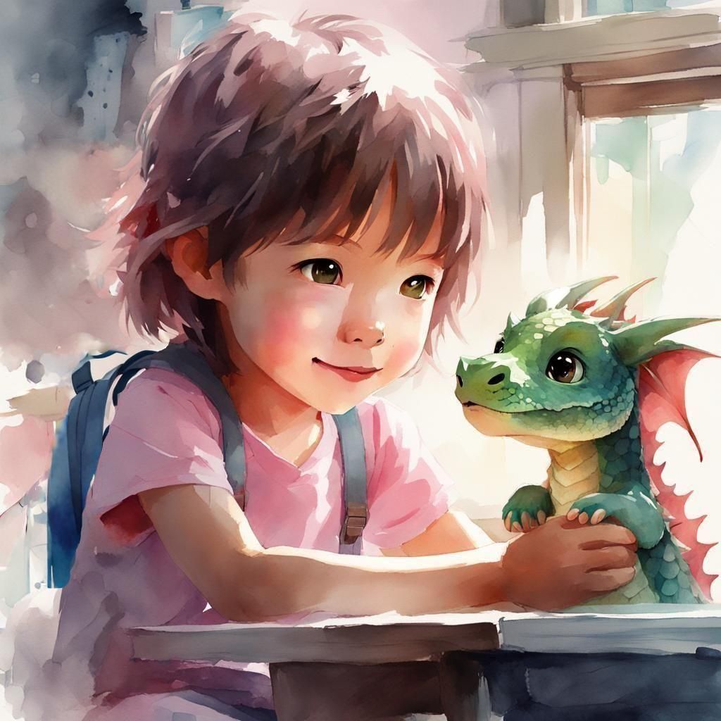 Toddler's Pet Day in Watercolor Anime Style