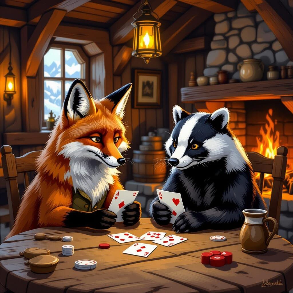 Fox and Badger Play Cards in Alpine Tavern