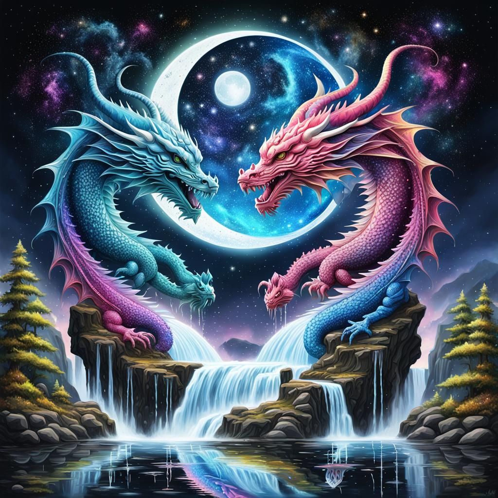 Yin-Yang Dragon Waterfalls in Graffiti Art Style