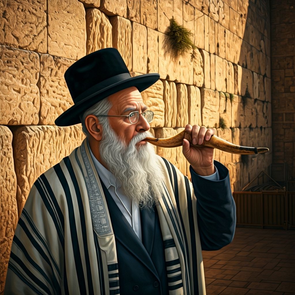Rabbi Blowing Shofar at Western Wall in Realistic Style
