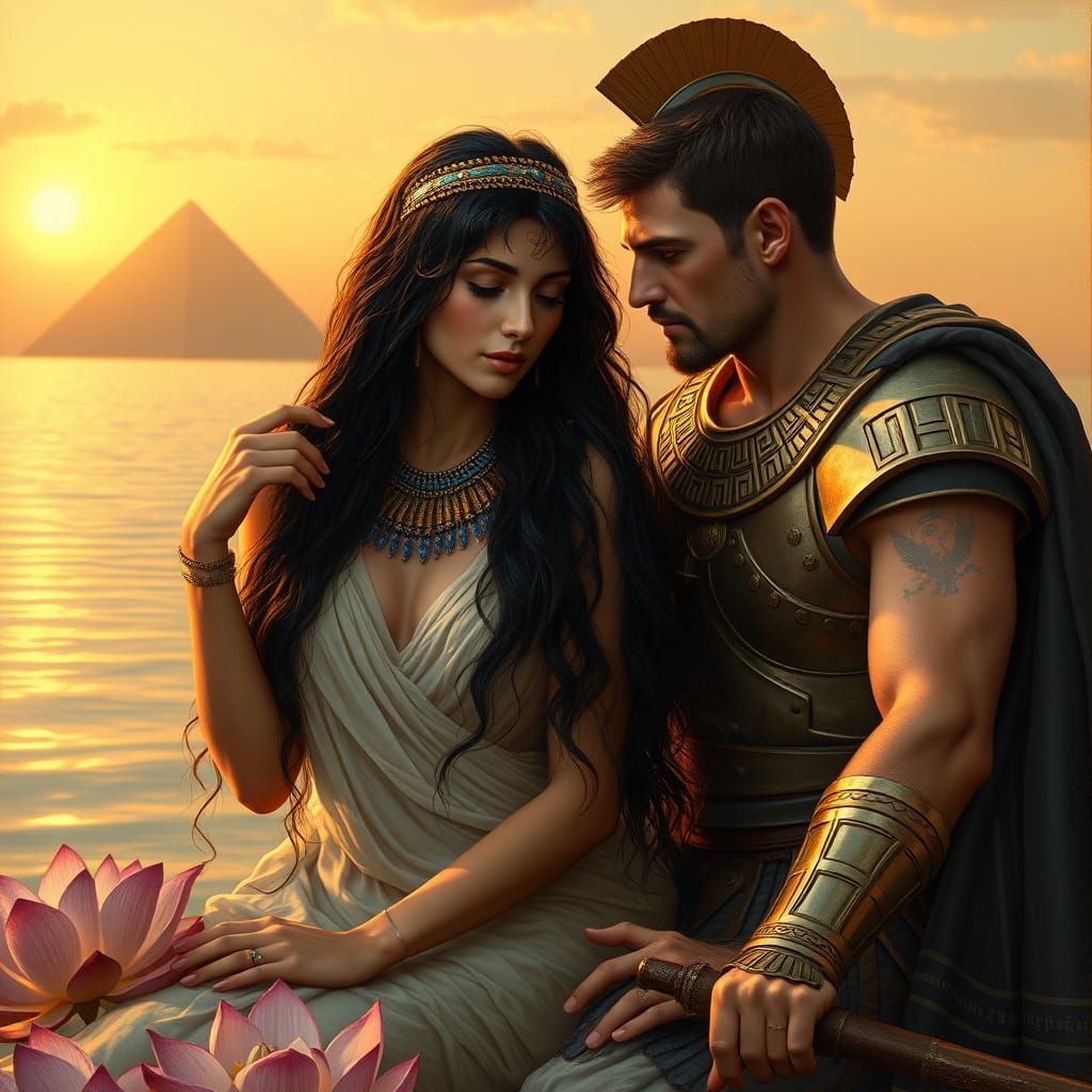 Egyptian Queen in Golden Headdress with Roman Soldier by Sun...