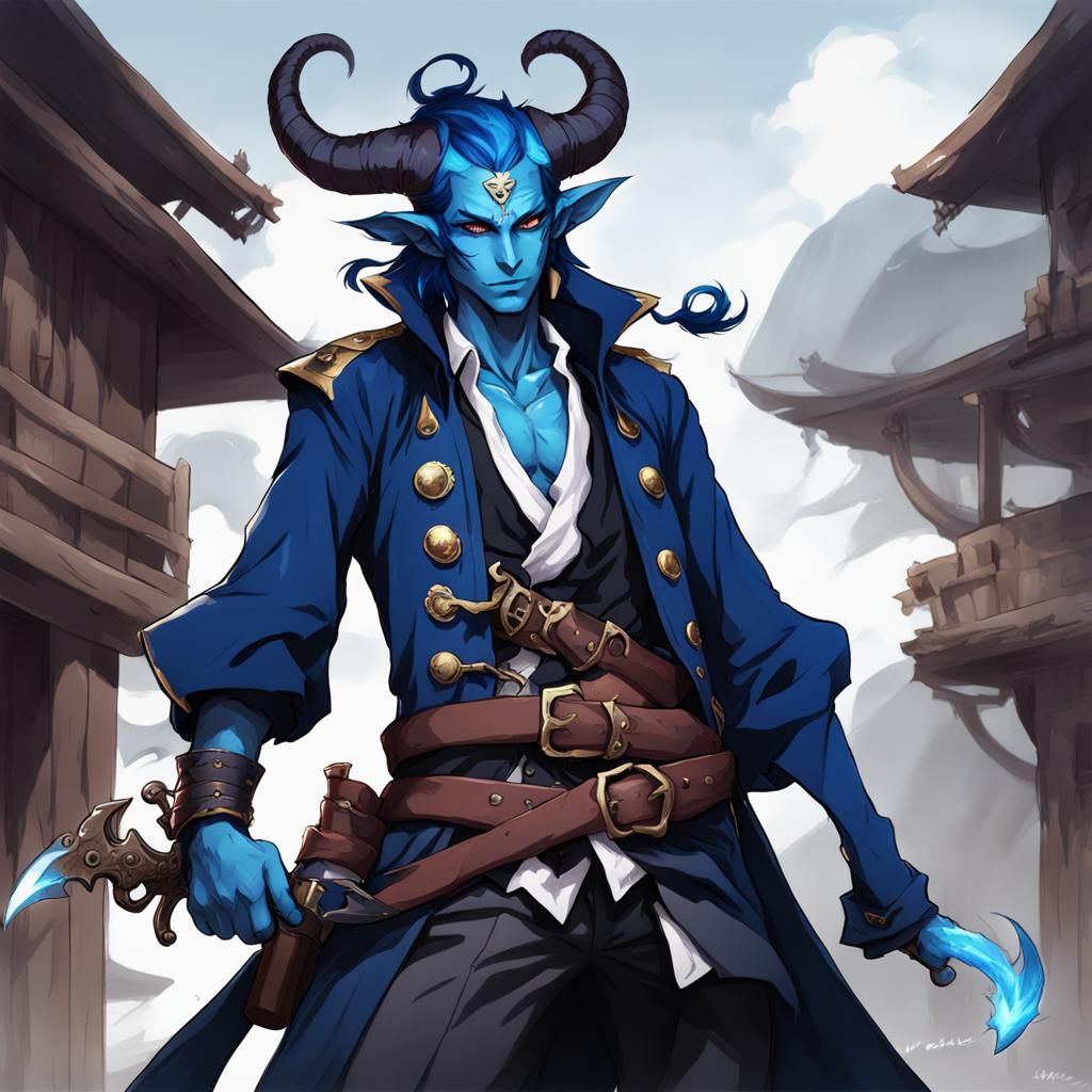 Blue Tiefling Pirate in Anime Style