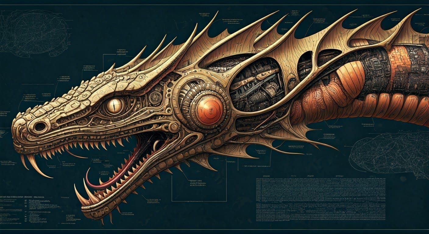 Serpentine Deity Cutaway Diagram in Industrial Style