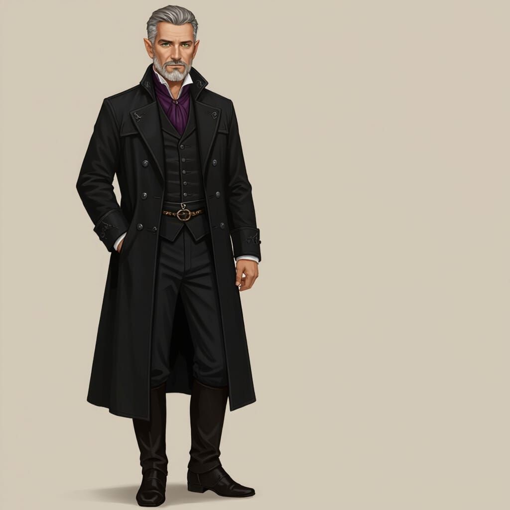 Elegant Half-Elf in Black Greatcoat: Manga Style Art