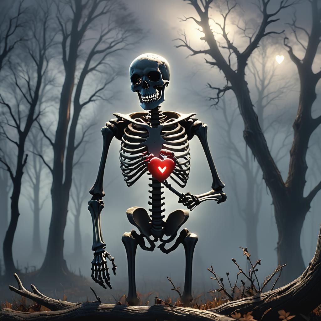 Skeleton Draws Heart on Foggy Window, Dark Fantasy Art