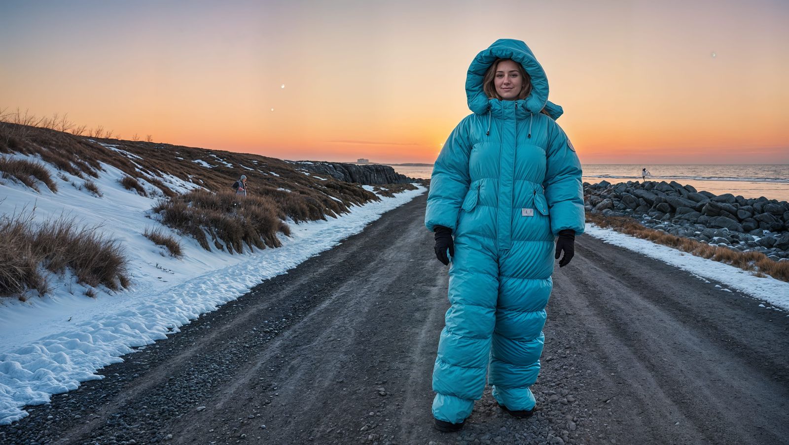 Woman in Oversized Snowsuit at Dusk