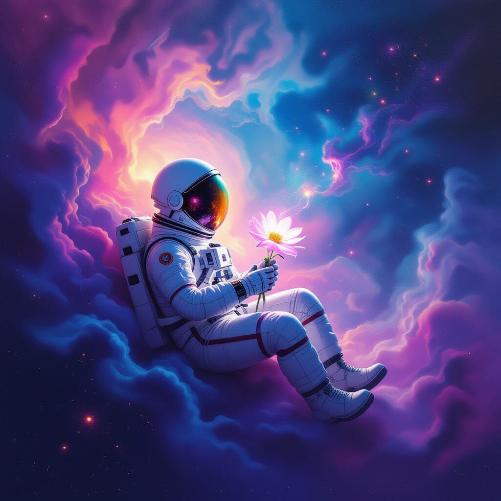 Astronaut Adrift in Cosmic Nebula Holding Glowing Flower